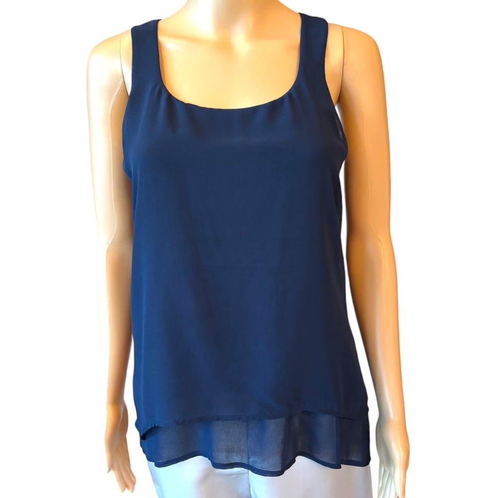 White House Black Market Navy Blue White Layered Asymmetrical Top - Picture 3 of 10